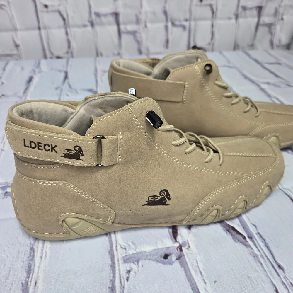 LDECK Tan Suede Mid Top Lace Up Boots Driving Shoes Casual Comfort Shoes Size 39